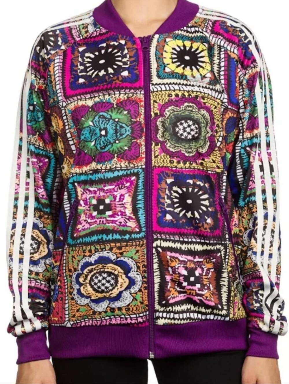Adidas X FARM RIO Vibrant Bomber Crochita Patchwork Track Workout Jacket M nwot